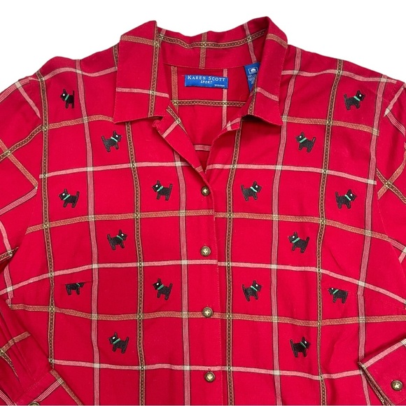 Karen Scott Sport Womens Shirt Red Checked Scottie Dog Button Down - Picture 2 of 5